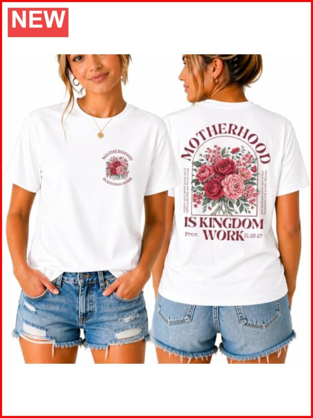 Christian Motherhood Kingdom Work T-Shirt Boho Floral Cross Graphic Tee